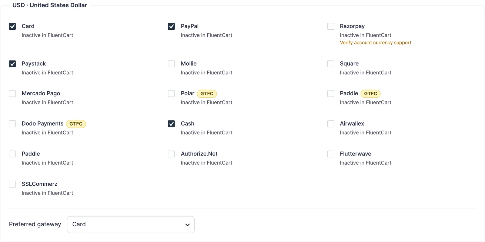 Multi-Currency Checkout gateway routing for USD with Polar, Paddle and Dodo Payments marked GTFC next to FluentCart's own gateways