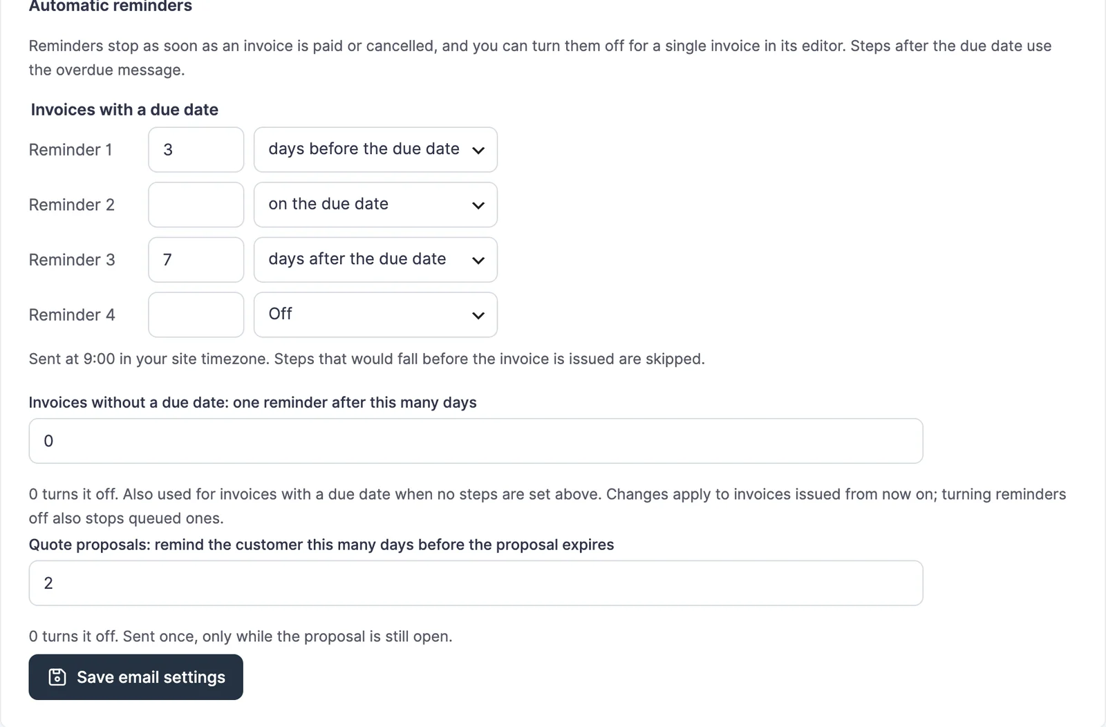Invoice email settings with three reminder steps: 3 days before, on, and 7 days after the due date, plus the proposal reminder
