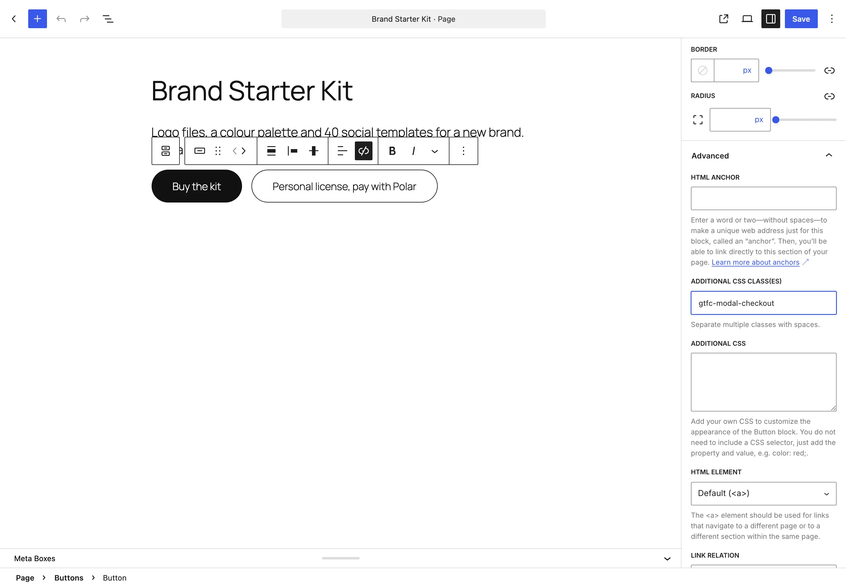 WordPress block editor with a Buy the kit button selected and gtfc-modal-checkout typed in Additional CSS class(es) under Advanced