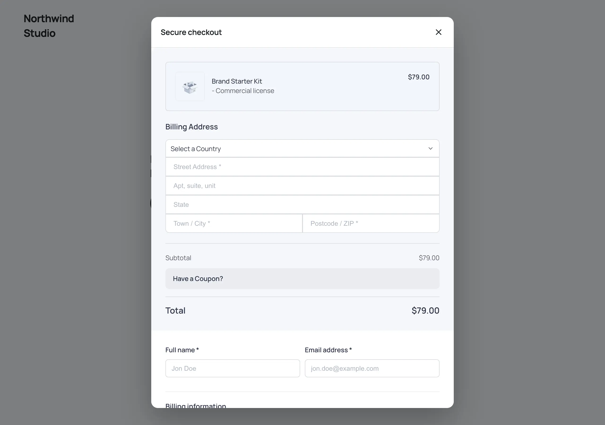 FluentCart's compact checkout for a Brand Starter Kit commercial license open in a Secure checkout modal over the sales page