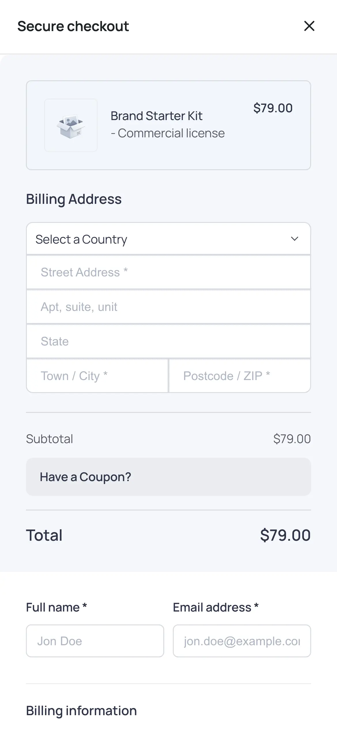 Modal Checkout on a phone as a full-screen sheet with the order summary and billing address fields