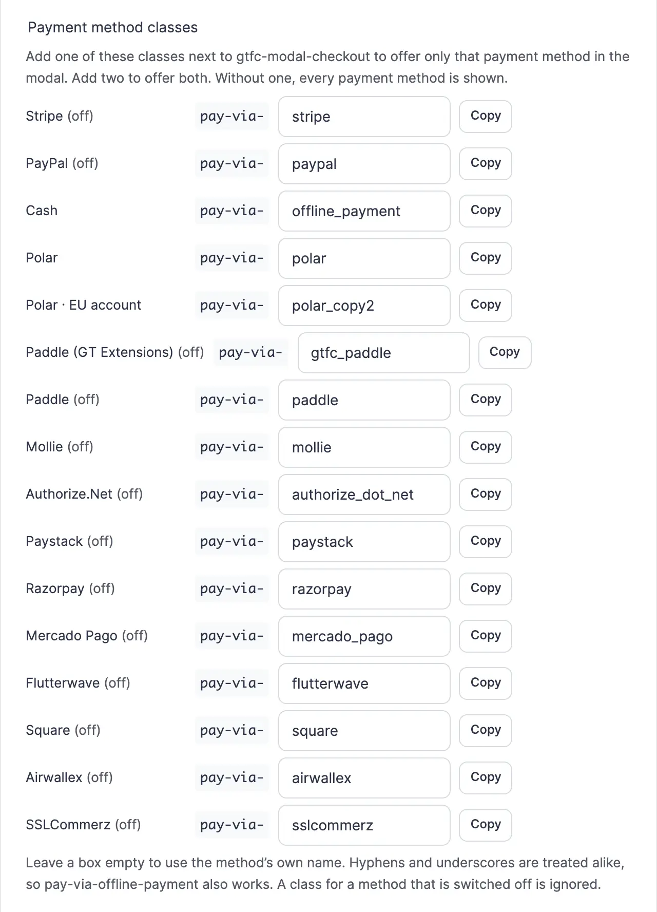 Payment method classes in the Modal Checkout settings, one pay-via- class per FluentCart payment method including a Polar copy labelled EU account