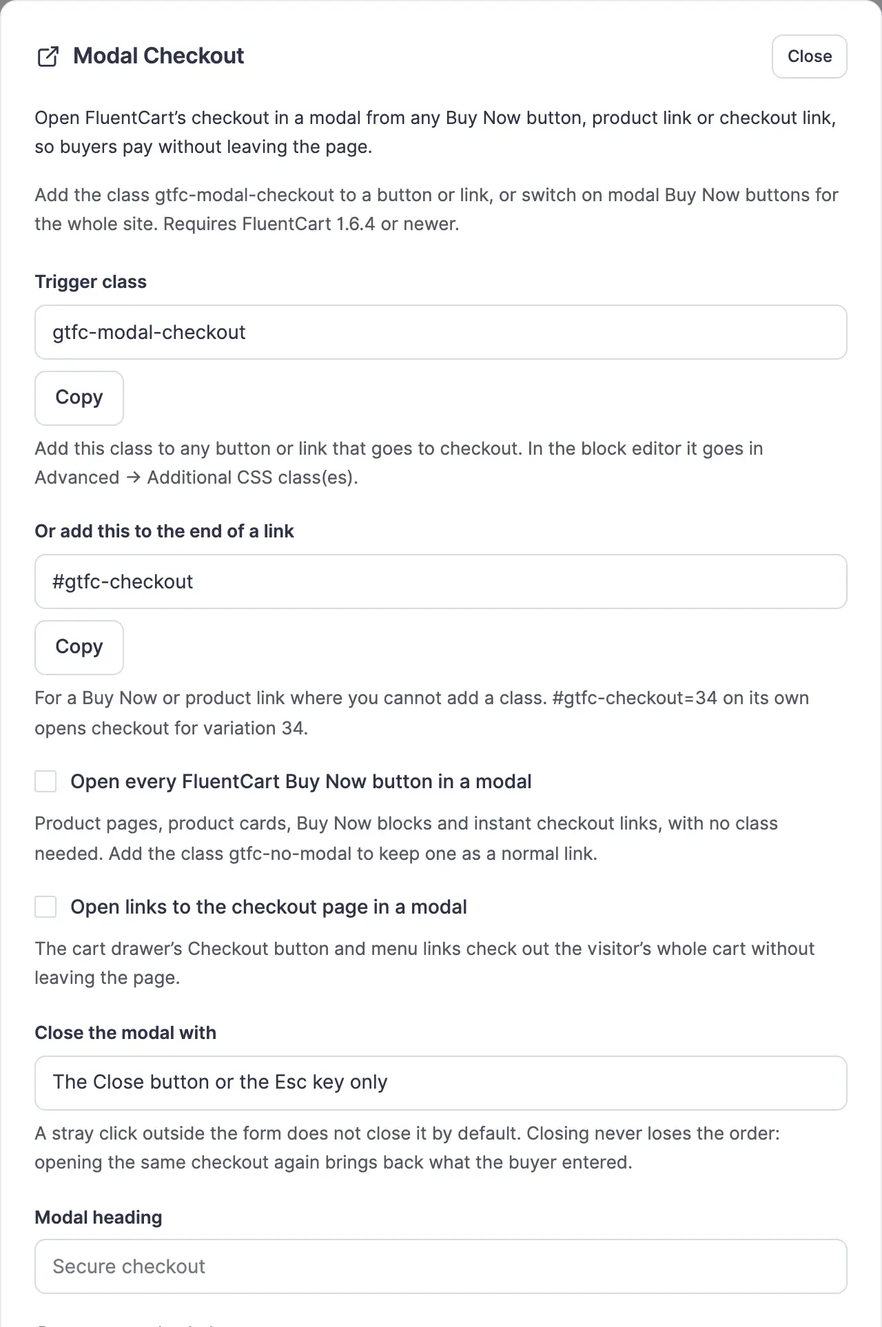 Modal Checkout settings: trigger class and #gtfc-checkout flag with Copy buttons, site-wide Buy Now and checkout link switches, close behavior and modal heading