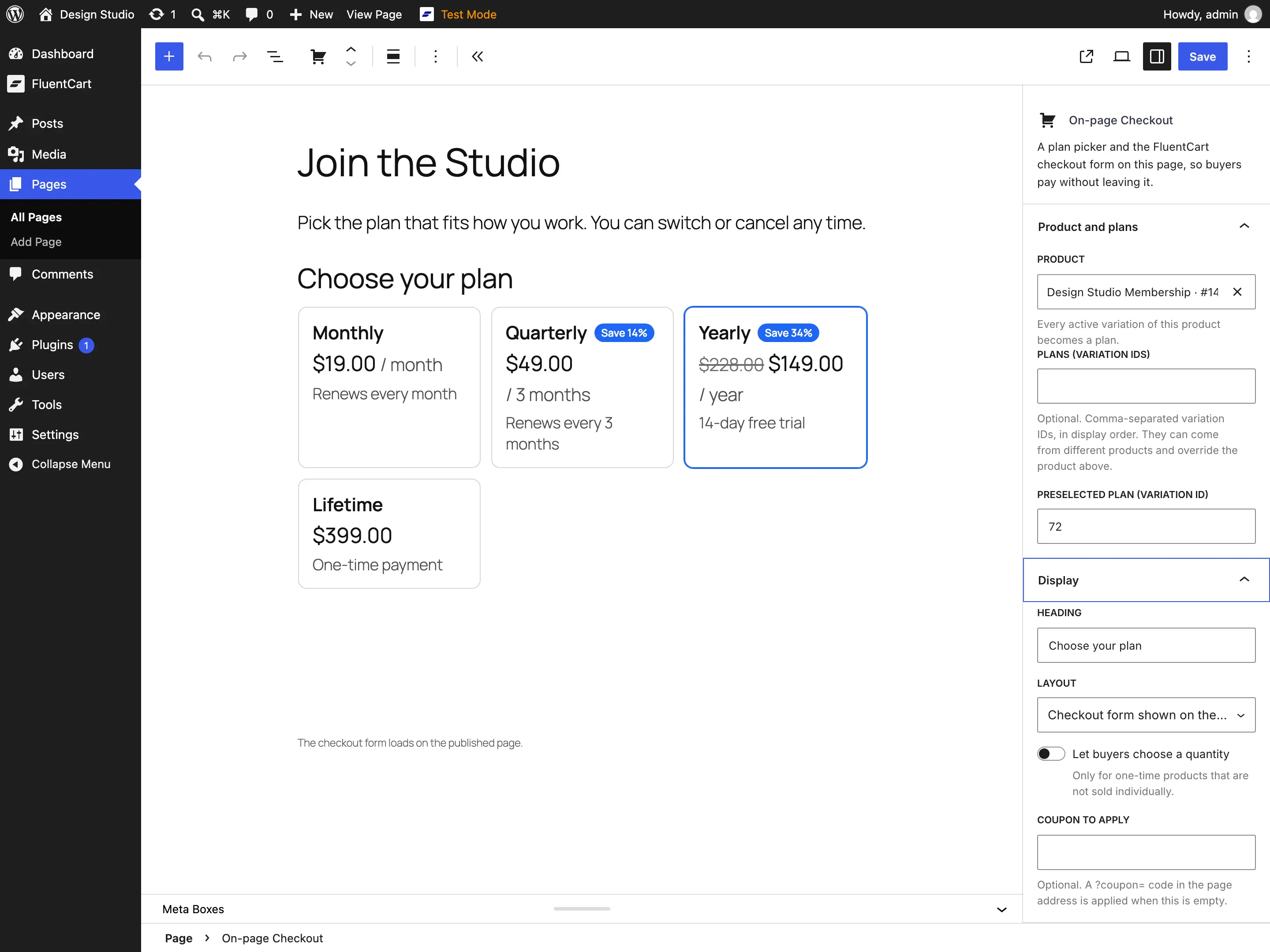 On-page Checkout block selected in the WordPress editor, with Product and plans and Display settings open in the sidebar
