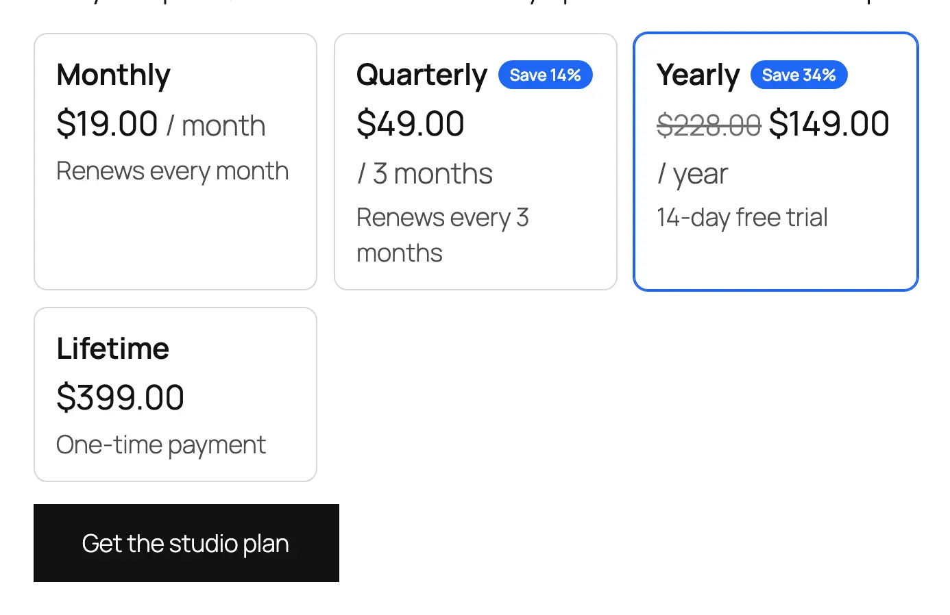 On-page Checkout in the button layout: plan cards with a Get the studio plan button below them