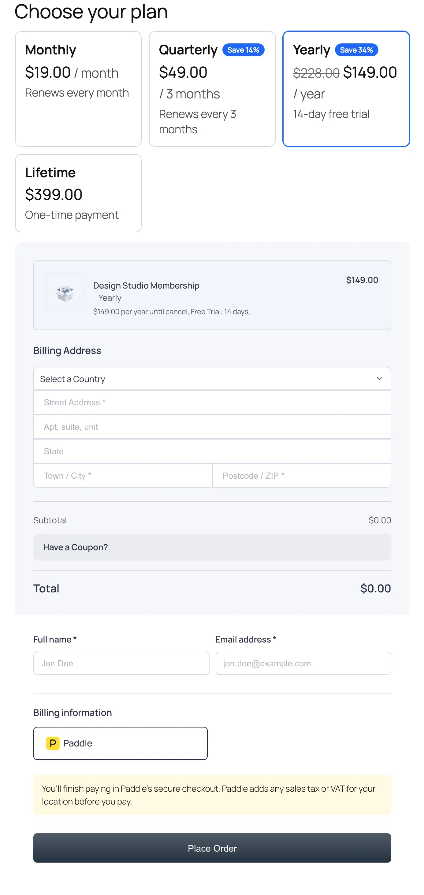 On-page Checkout plan cards for Monthly, Quarterly, Yearly and Lifetime above FluentCart's compact checkout form, with the Yearly plan selected