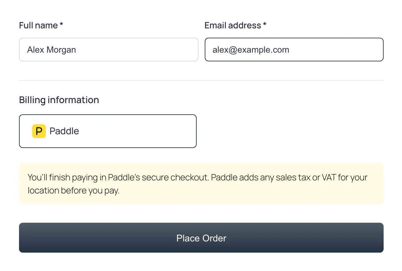 FluentCart checkout with Paddle selected as the payment method and a note that payment finishes in Paddle's checkout