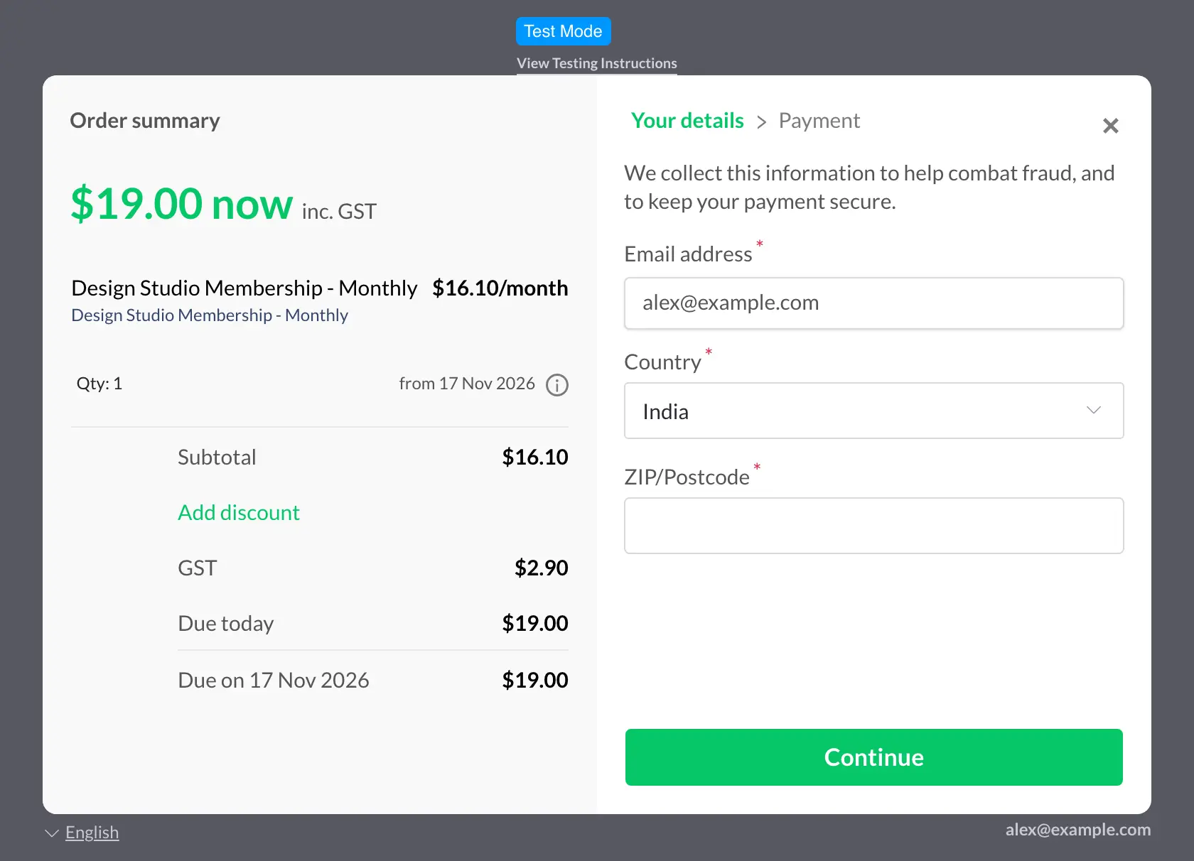Paddle sandbox overlay checkout showing a $19.00 monthly membership with GST included in the order summary