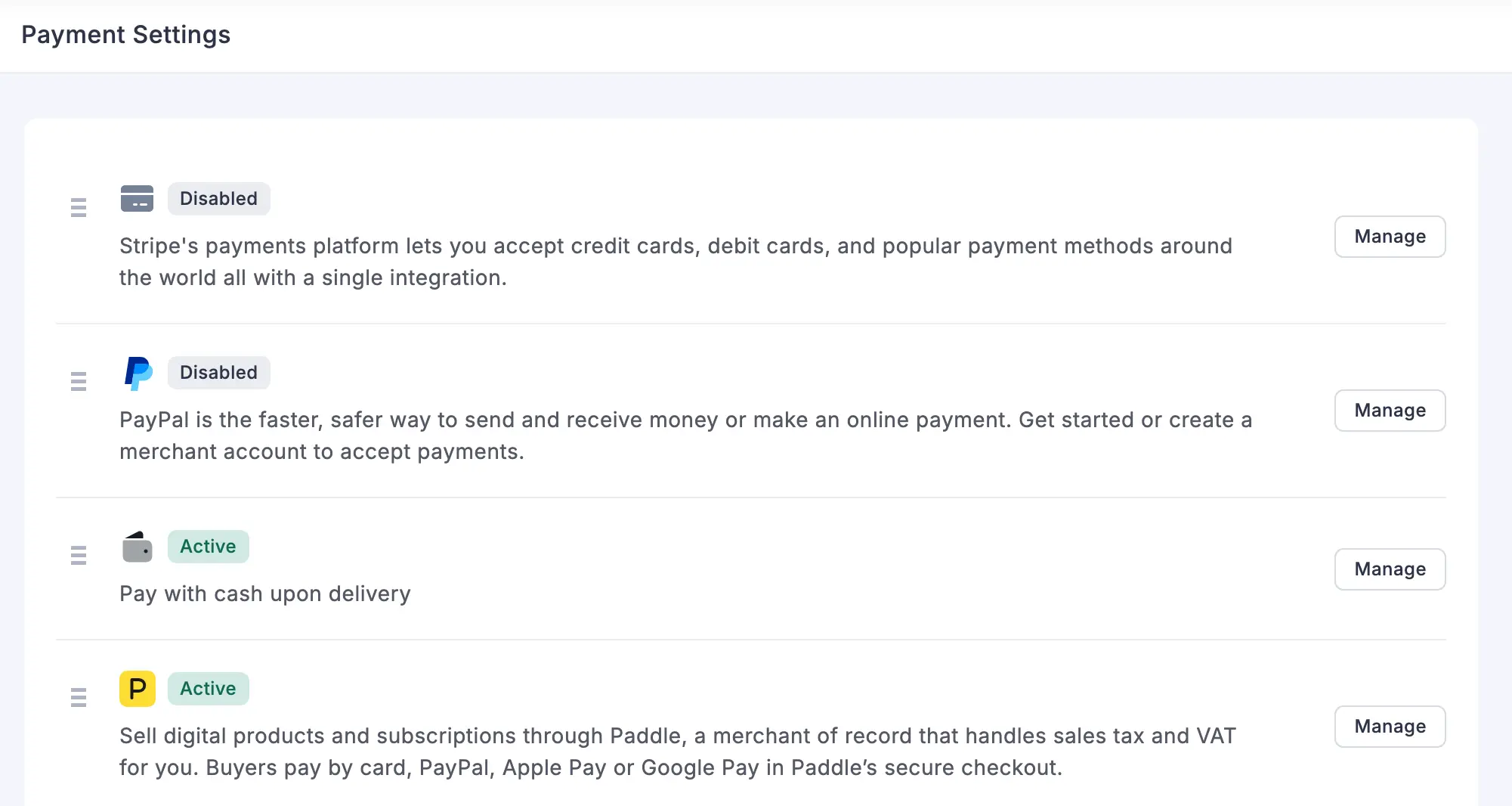 FluentCart payment methods list with Paddle (GT Extensions) marked Active below Stripe, PayPal and cash on delivery