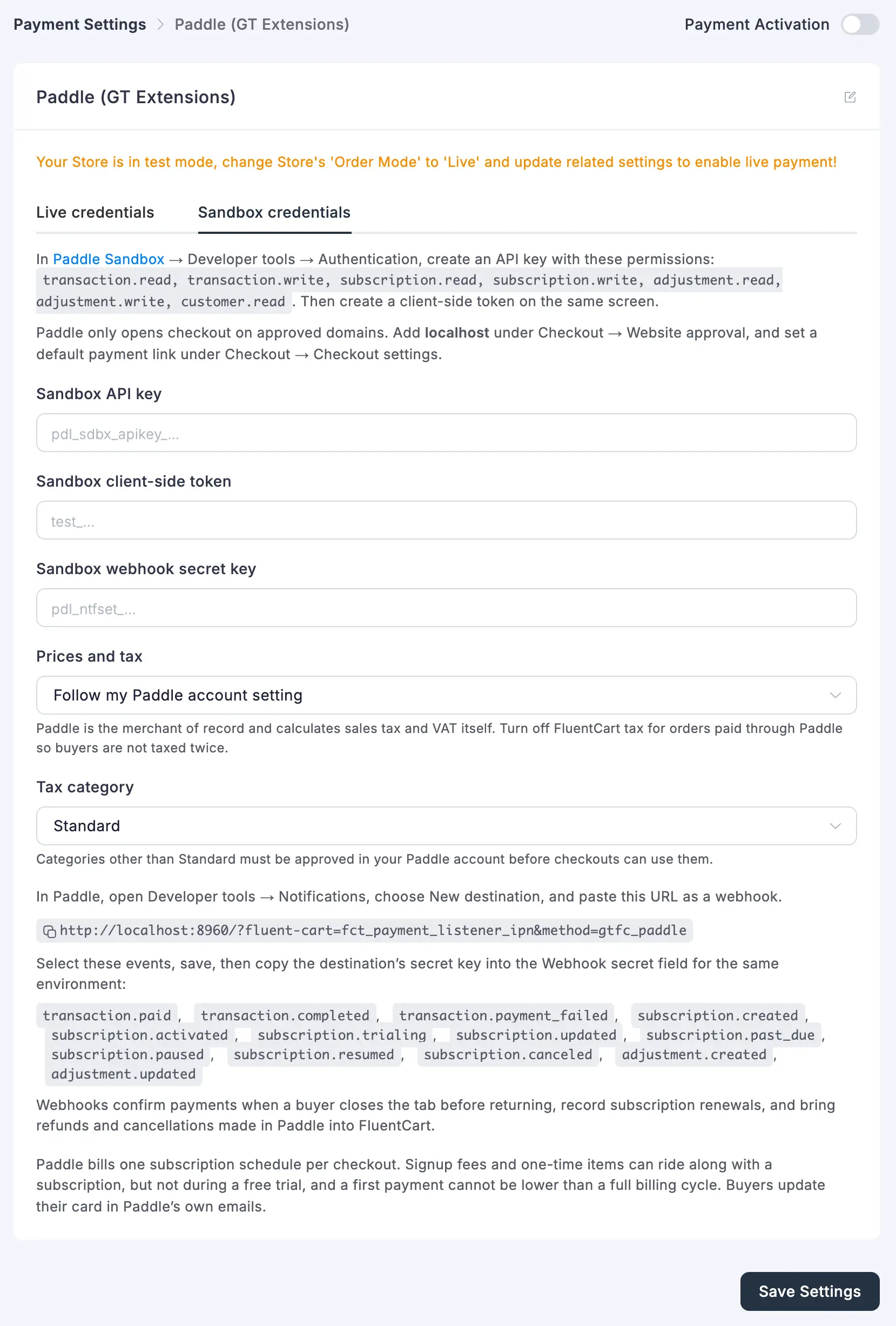 Paddle (GT Extensions) settings in FluentCart with the Sandbox credentials tab, API permissions, webhook URL and event list