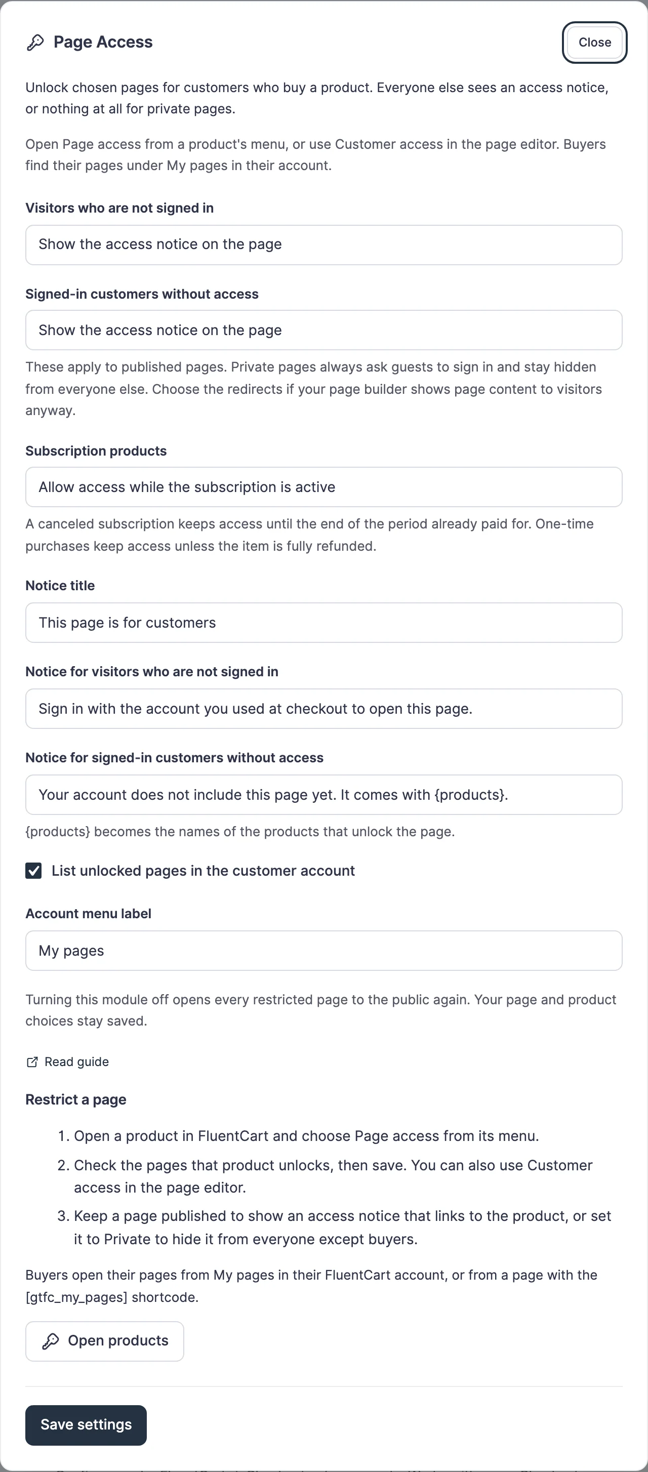 Page Access settings for visitors who are not signed in, customers without access, subscription products, the access notice text and the My pages account menu