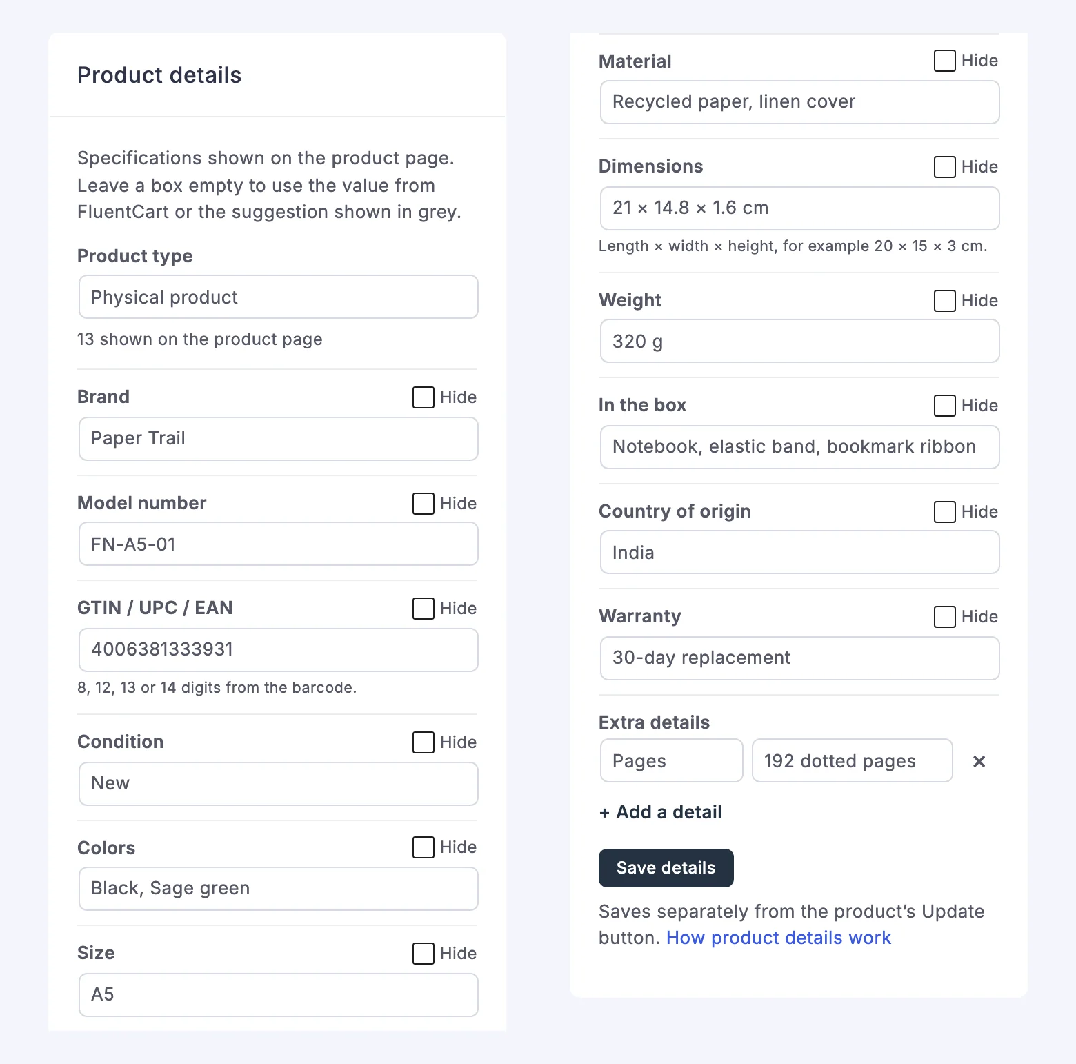 Product details card in the FluentCart product editor with product type, detail fields, Hide toggles, an extra detail and Save details