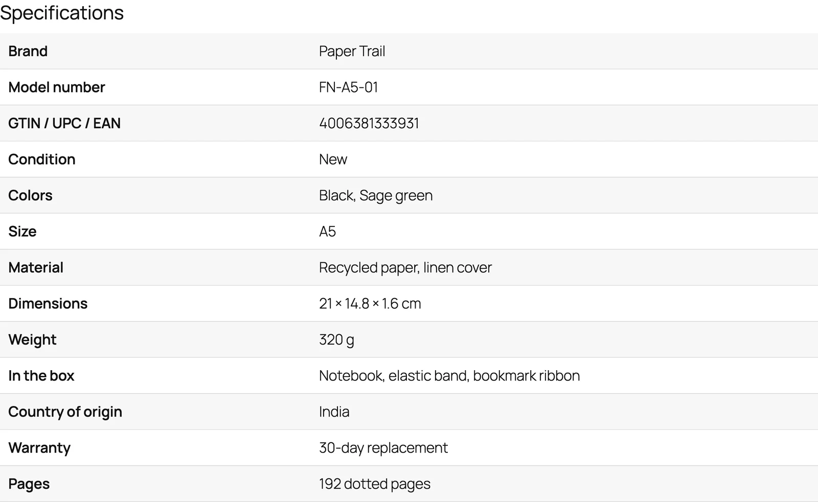 Specifications table on a product page with brand, model number, GTIN, condition, colors, size, material, dimensions, weight and more