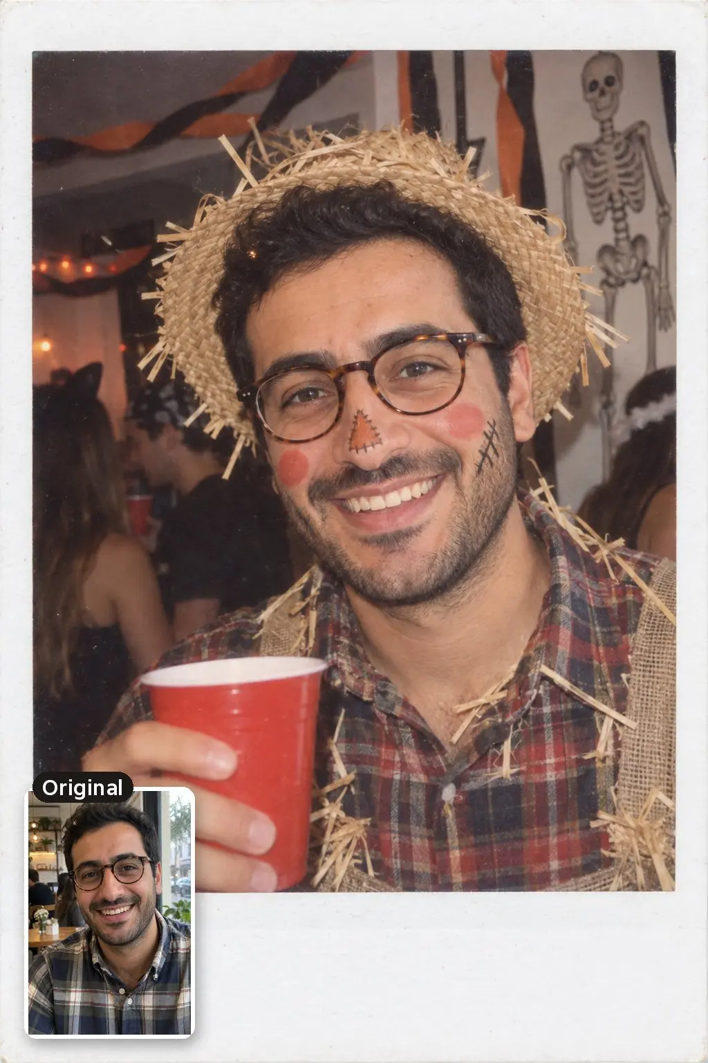 AI Polaroid-style photo of a smiling man in glasses dressed as a scarecrow at a 1990s Halloween party, with his original photo inset