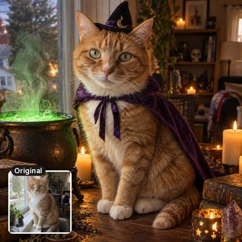 AI photo of an orange tabby cat in a tiny witch hat and purple cape beside a bubbling cauldron, with the original cat photo inset