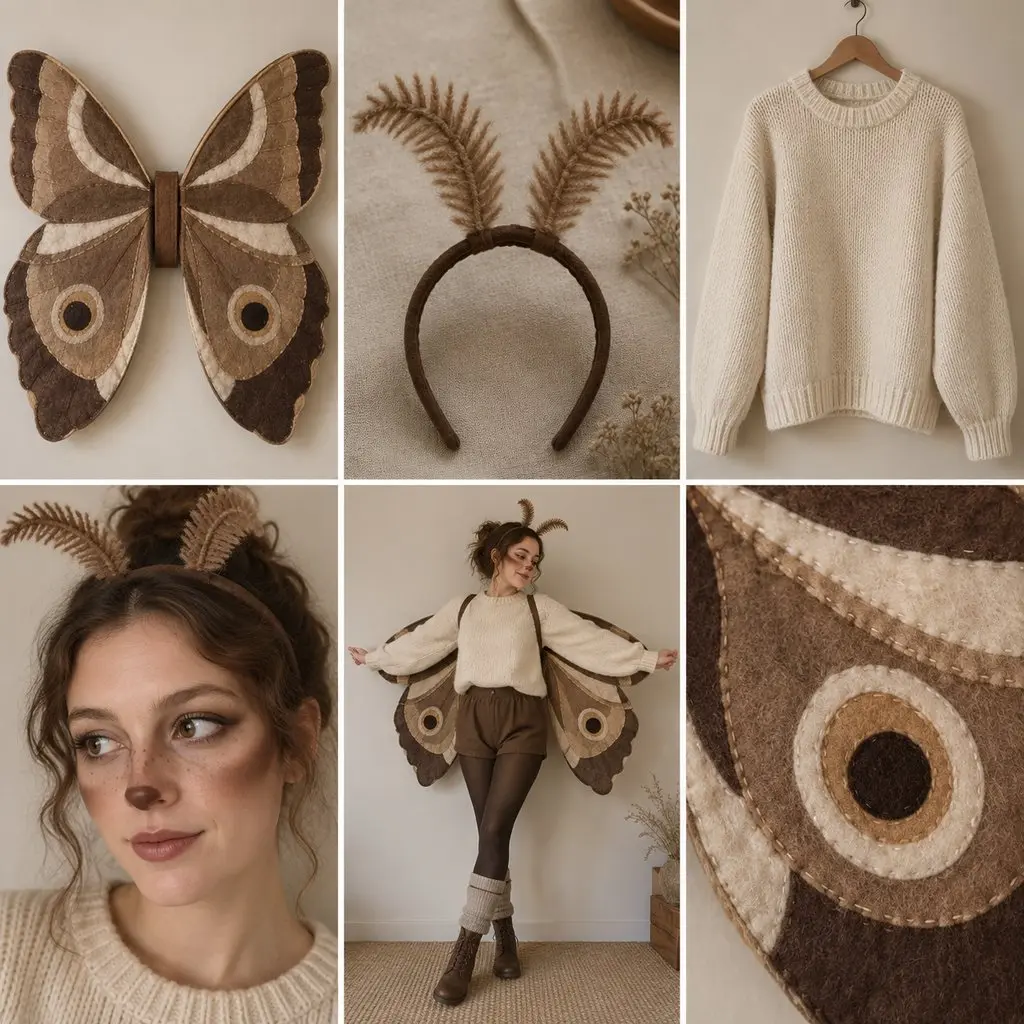 AI mood board of 6 photos for a homemade moth costume: felt wings, antennae headband, cream sweater, face makeup and the full outfit