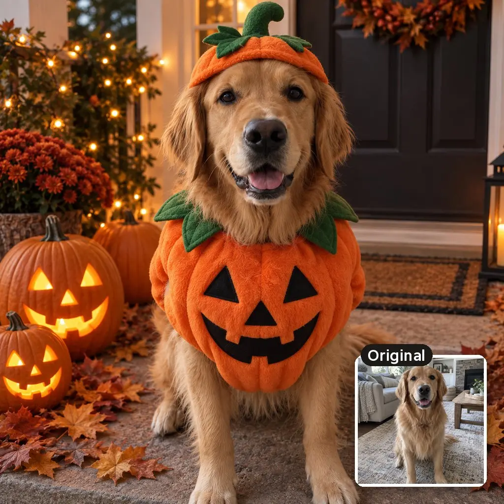 AI photo of a golden retriever in an orange pumpkin costume on a porch beside jack-o-lanterns, with the original dog photo inset