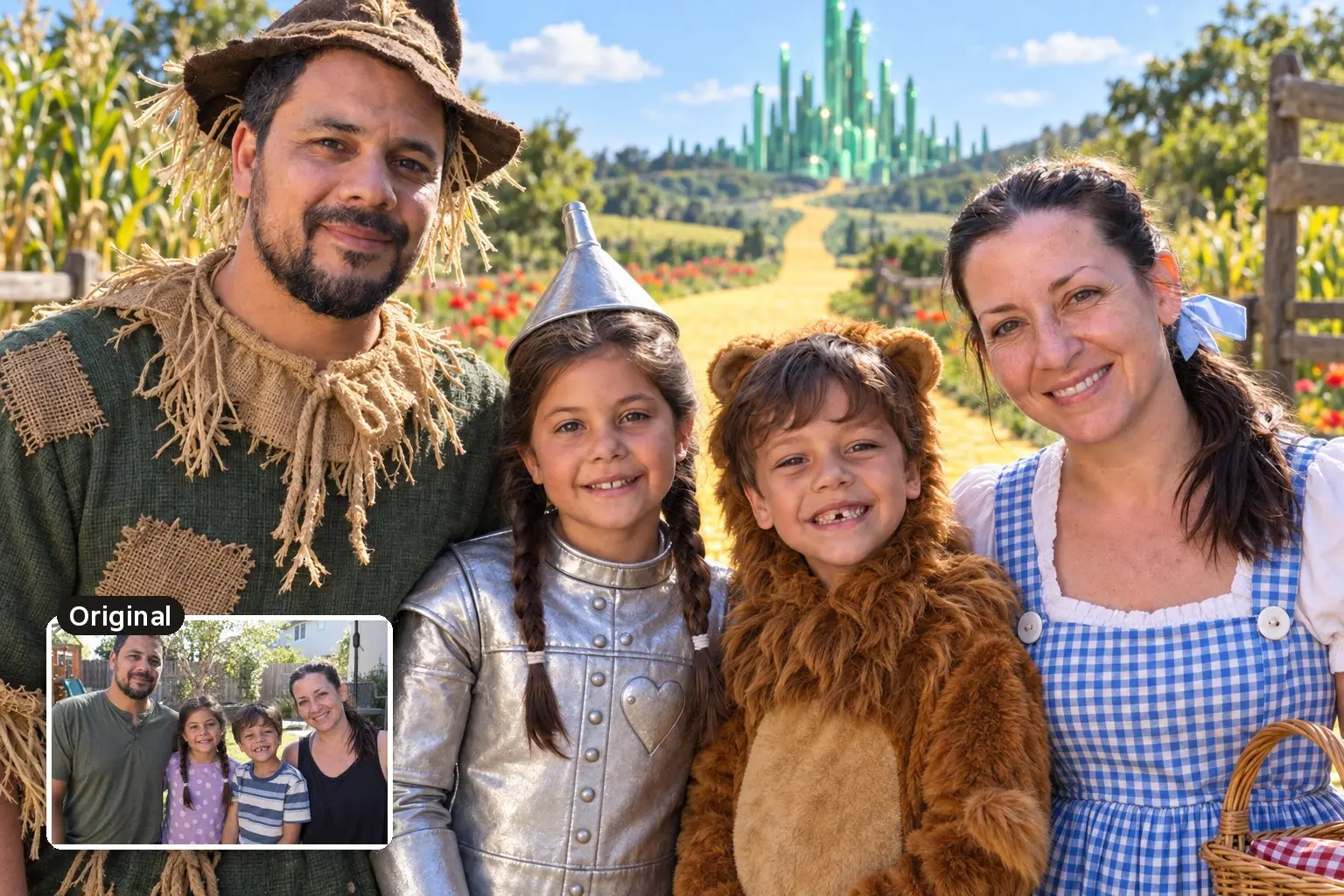 AI photo of a family of four dressed as a scarecrow, a tin man, a cowardly lion and Dorothy on a yellow brick road, with their original photo inset