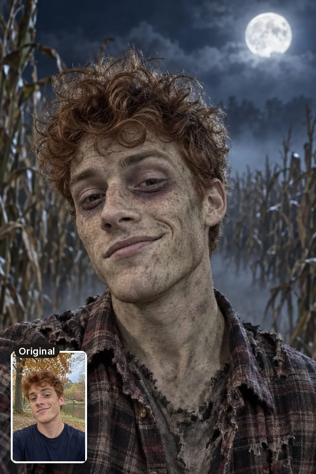 AI Halloween photo of a red-haired man with gray-green zombie makeup and a torn flannel shirt in a foggy cornfield at night, with his original selfie inset