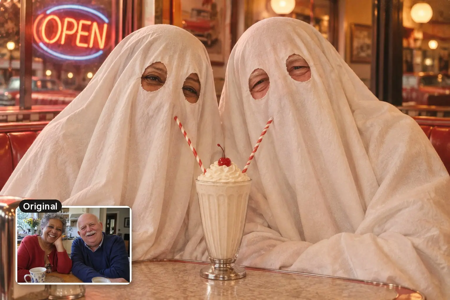 AI photo of two people in bedsheet ghost costumes sharing a milkshake in a retro diner booth, with the original photo of the older couple inset