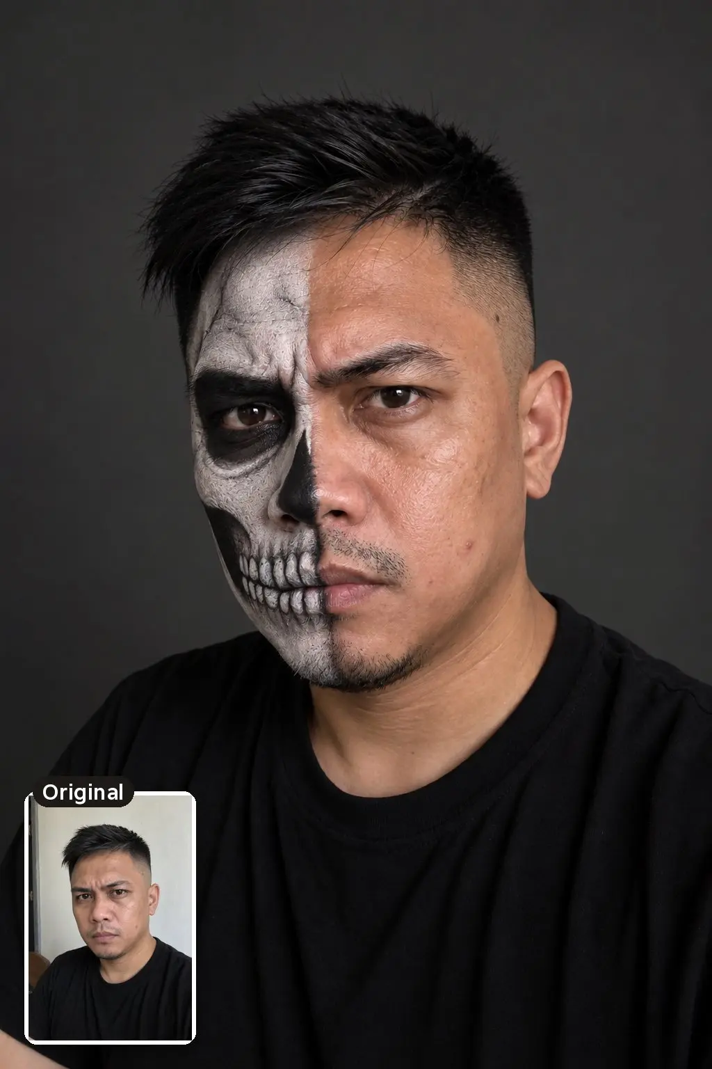 AI photo of a serious man with half-face skeleton makeup on a dark gray background, with his original photo inset