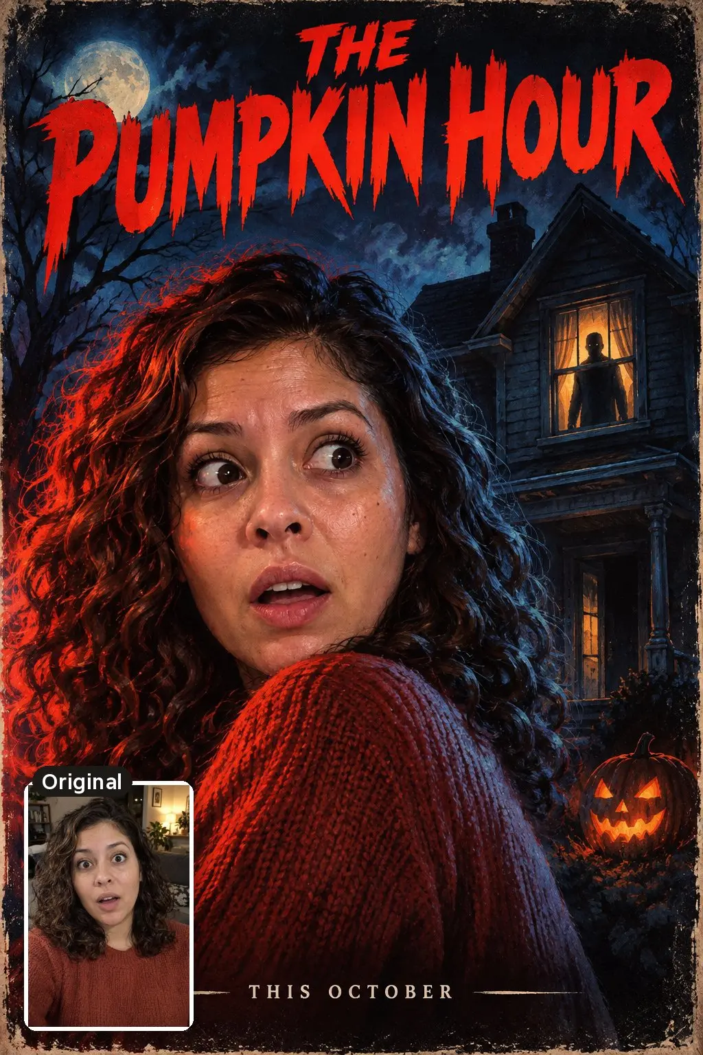 AI 1980s horror movie poster of a frightened woman looking over her shoulder at a shadowy figure in a house window, with her original photo inset