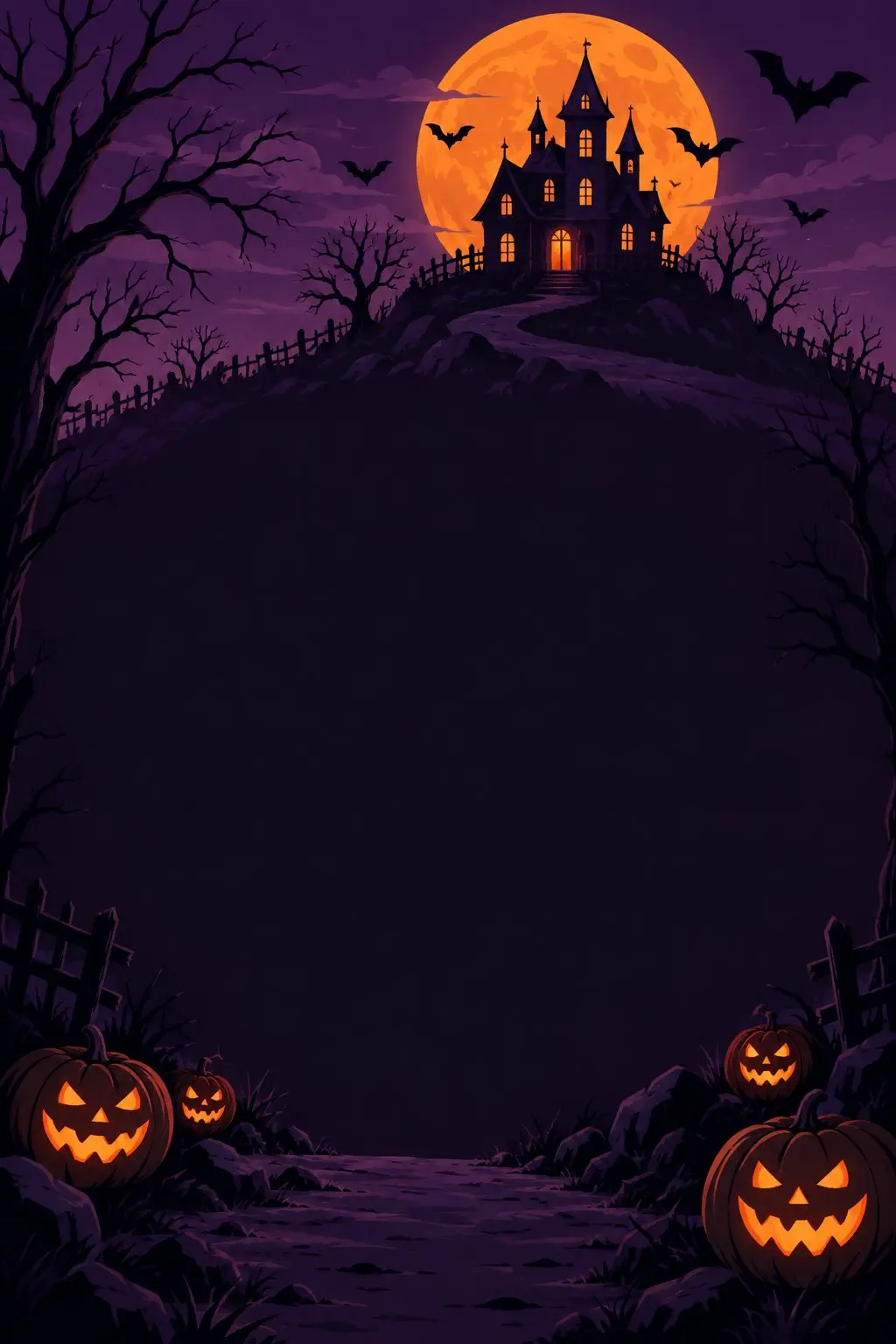AI illustrated Halloween party invitation background with a haunted house, a big orange moon and jack-o-lanterns, with empty space for text