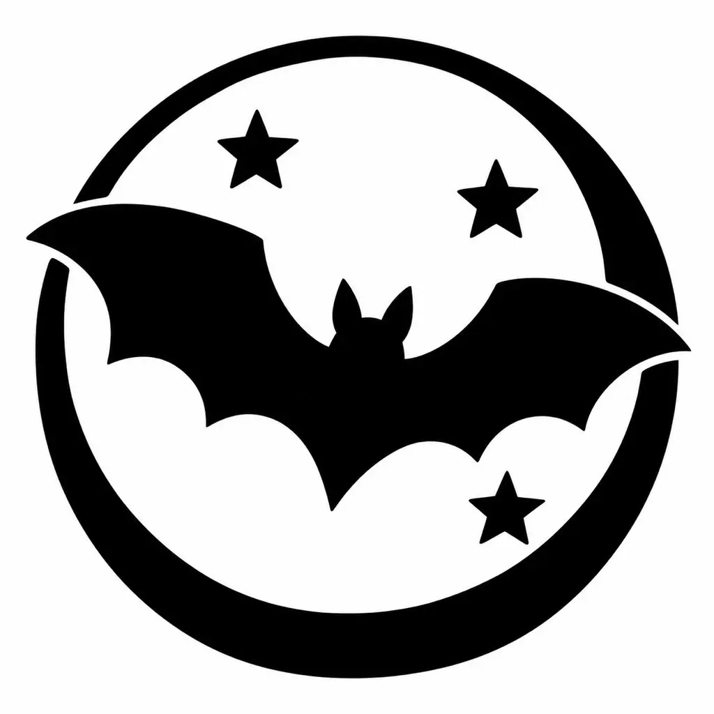 Black and white pumpkin carving stencil of a bat flying across a full moon with three stars