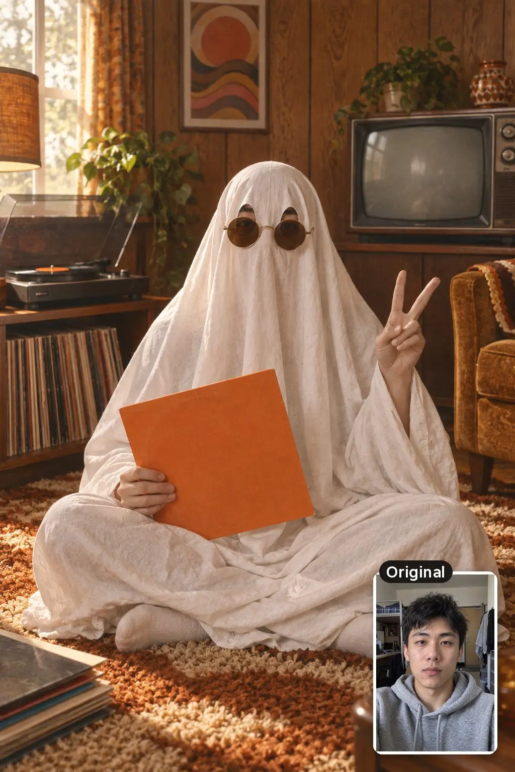 AI photo of a person in a bedsheet ghost costume and round sunglasses holding a vinyl record in a 1970s living room, with the original photo inset