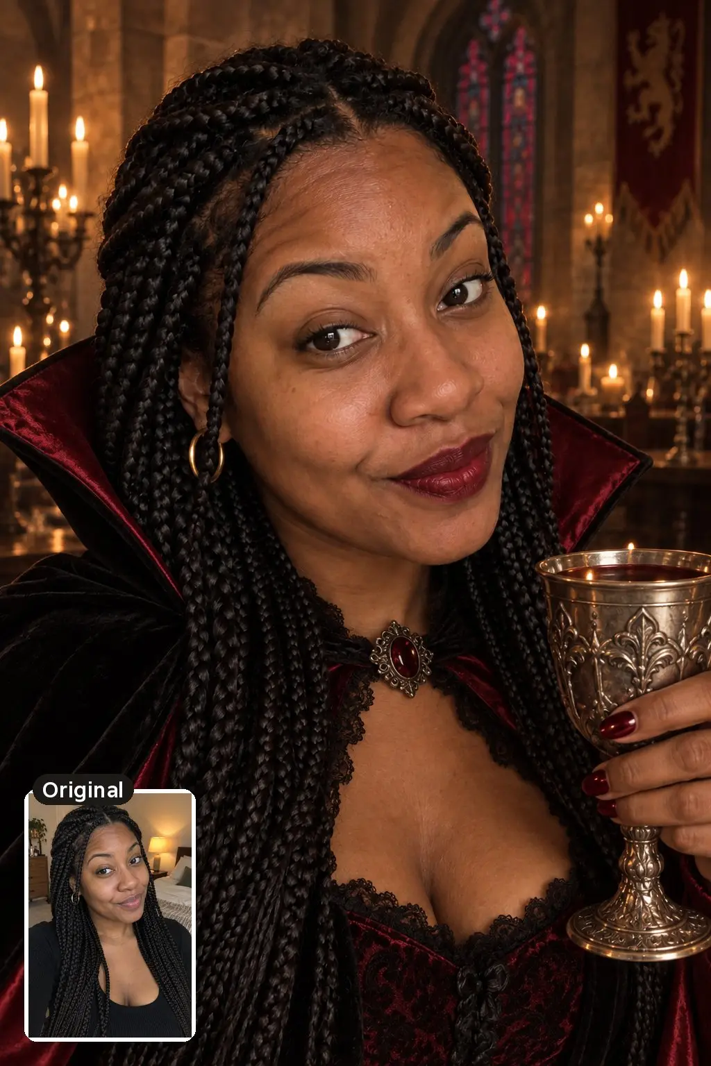 AI Halloween portrait of a smirking woman with long braids as a vampire holding a silver goblet in a candlelit castle, with her original selfie inset