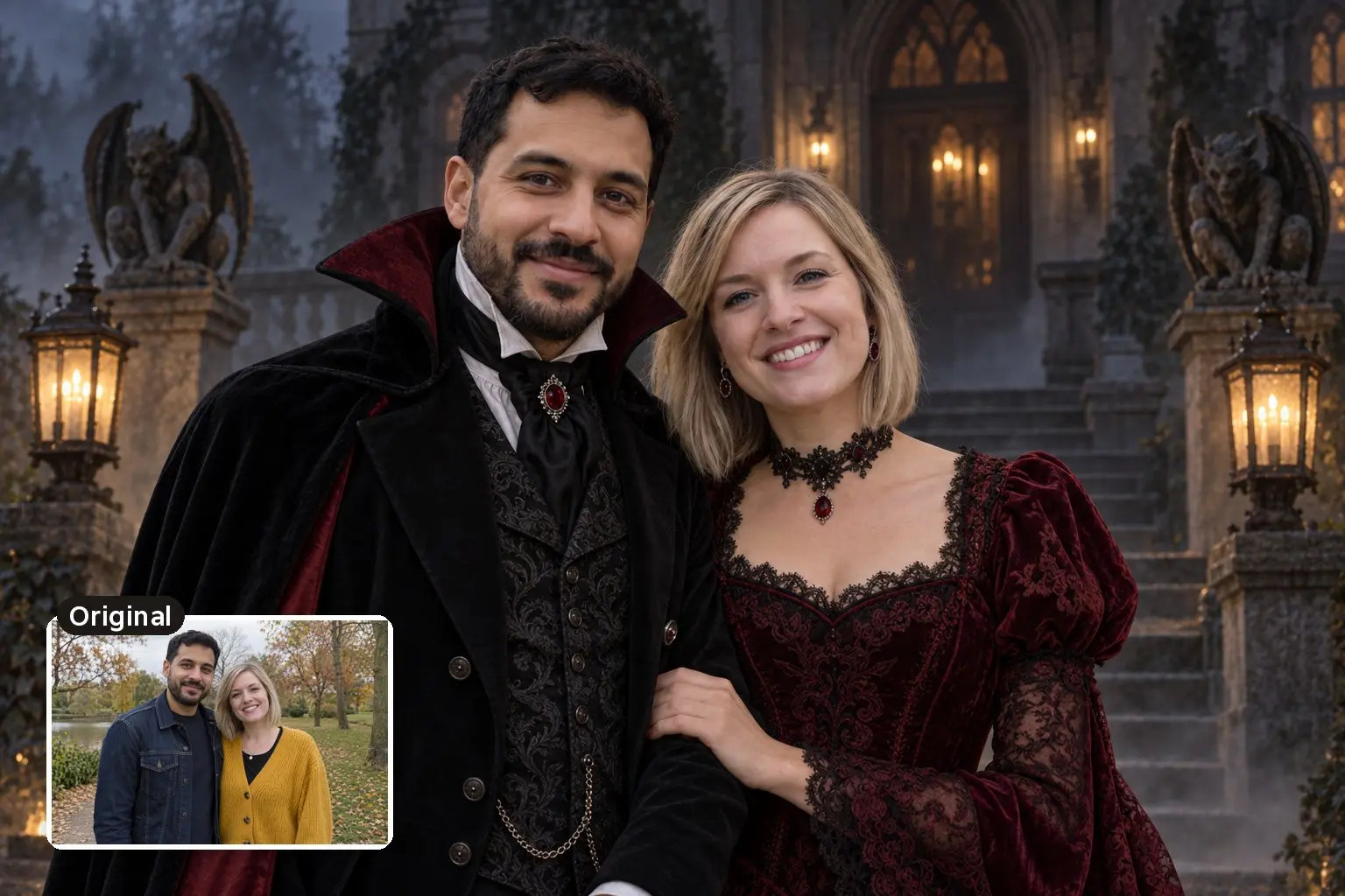 AI Halloween photo of a couple dressed as Victorian vampires on the steps of a foggy gothic mansion at night, with their original photo inset