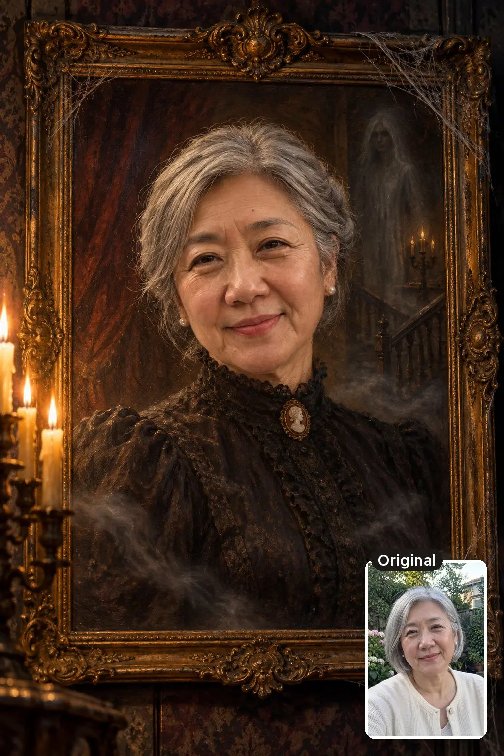 AI Victorian oil painting of a silver-haired woman in a dark high-necked dress inside a gilded frame with ghostly mist, with her original photo inset