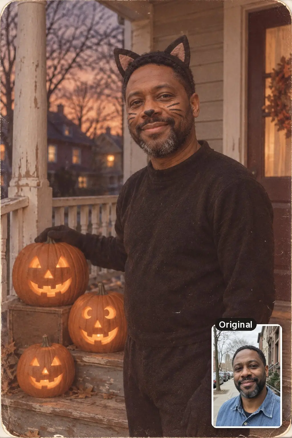 AI 1950s-style Halloween photo of a smiling bearded man in a homemade black cat costume on a porch beside jack-o-lanterns, with his original photo inset