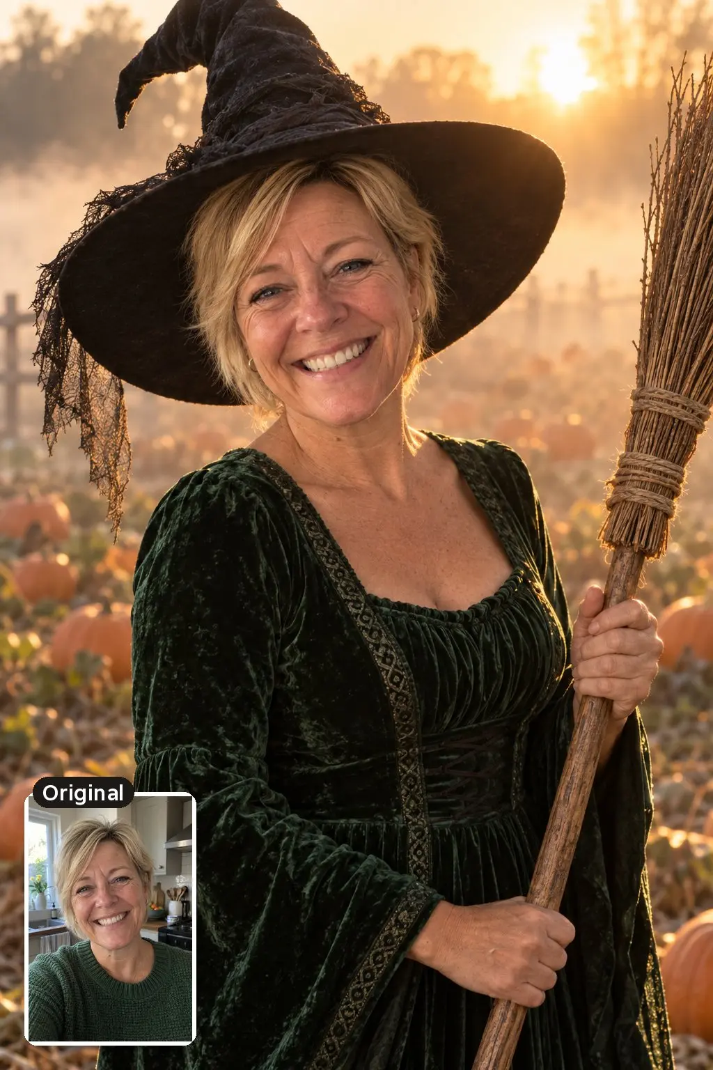 AI Halloween portrait of a grinning blonde woman dressed as a witch with a broom in a misty pumpkin patch, with her original photo inset