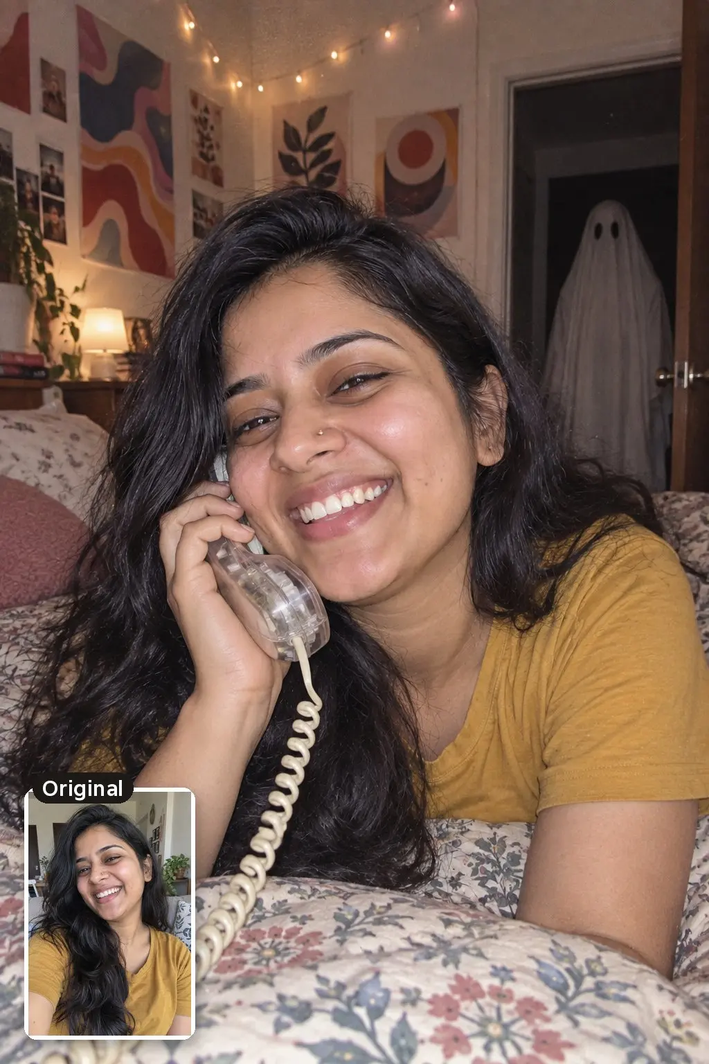 AI Halloween photo of a laughing woman on a bed with a clear corded phone while a bedsheet ghost stands in the dark doorway behind her, with her original selfie inset