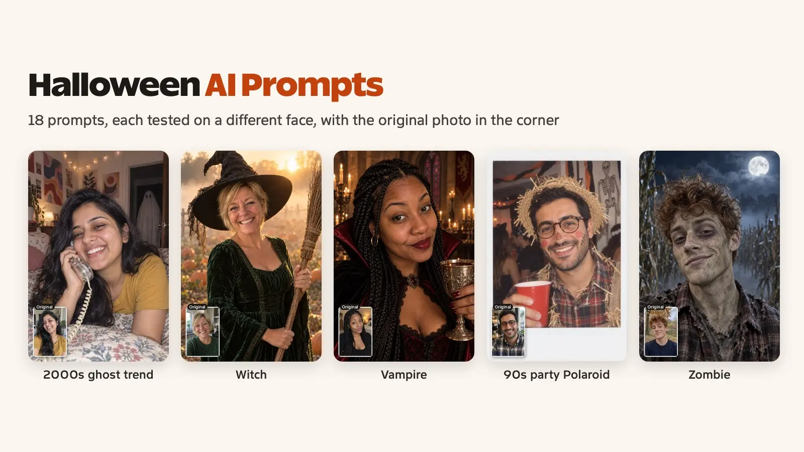 Five AI Halloween photos of five different people, each with their original photo inset: a 2000s bedroom ghost scene, a witch, a vampire, a 90s party scarecrow and a zombie