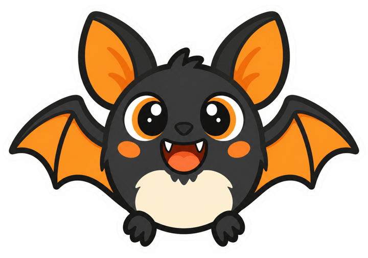 Round black bat sticker with orange wings, big eyes and two tiny fangs, with a thick white die-cut border