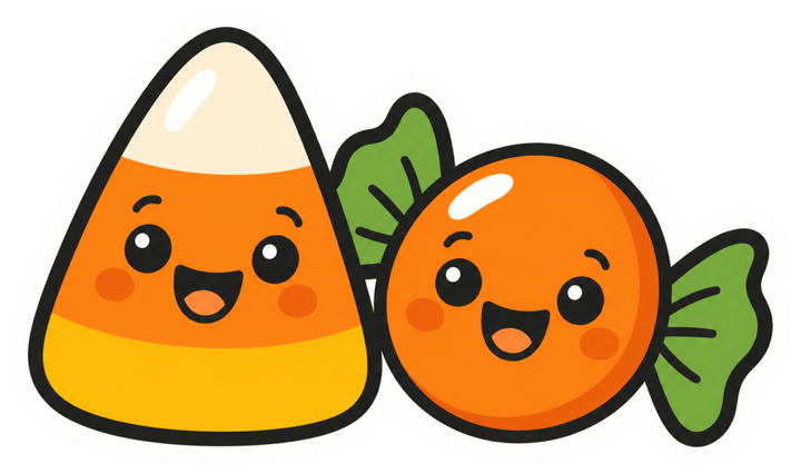 Sticker of a smiling candy corn and a wrapped orange candy touching side by side, with a thick white die-cut border