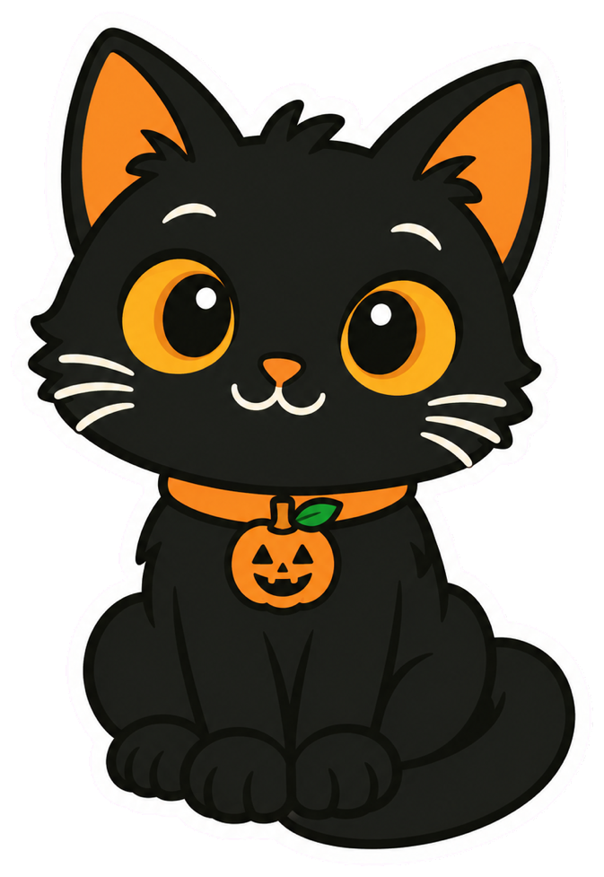 Sitting black cat sticker with big amber eyes and a pumpkin tag on its collar, with a thick white die-cut border