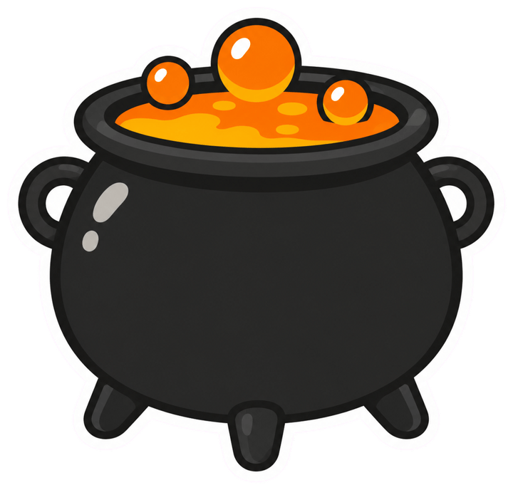 Black cauldron sticker on three short legs bubbling with orange potion, with a thick white die-cut border