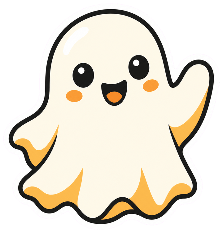 Cartoon ghost sticker with round black eyes and an open smile, waving one hand, with a thick white die-cut border