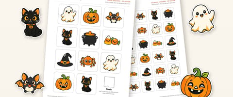 Two printed Halloween sticker sheets with rounded cut lines on a cream surface, surrounded by loose cat, bat, ghost and pumpkin stickers