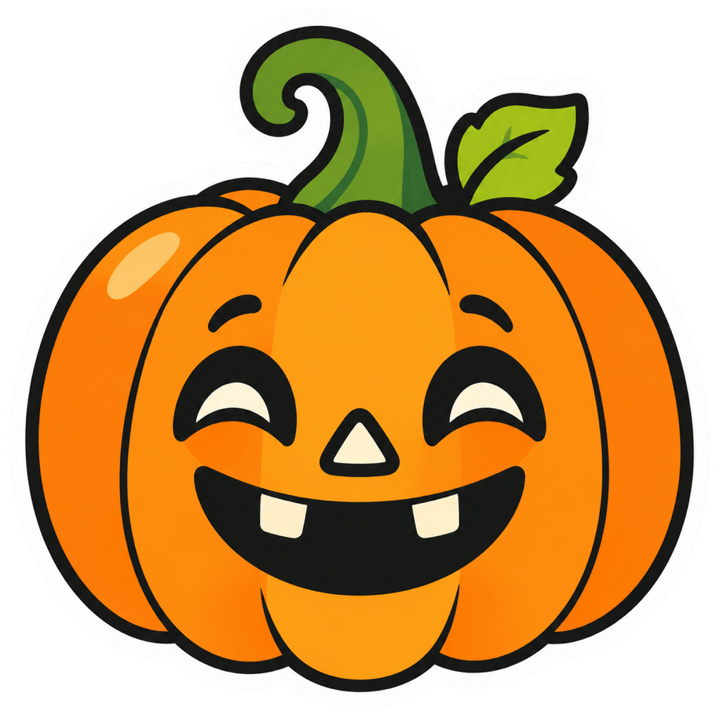 Smiling jack-o-lantern sticker with a curly green stem and one leaf, with a thick white die-cut border