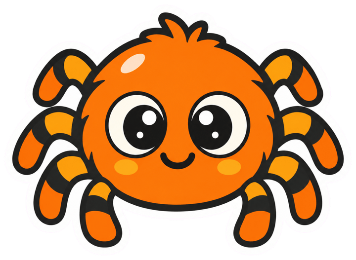Round orange spider sticker with eight striped legs, big eyes and a small smile, with a thick white die-cut border