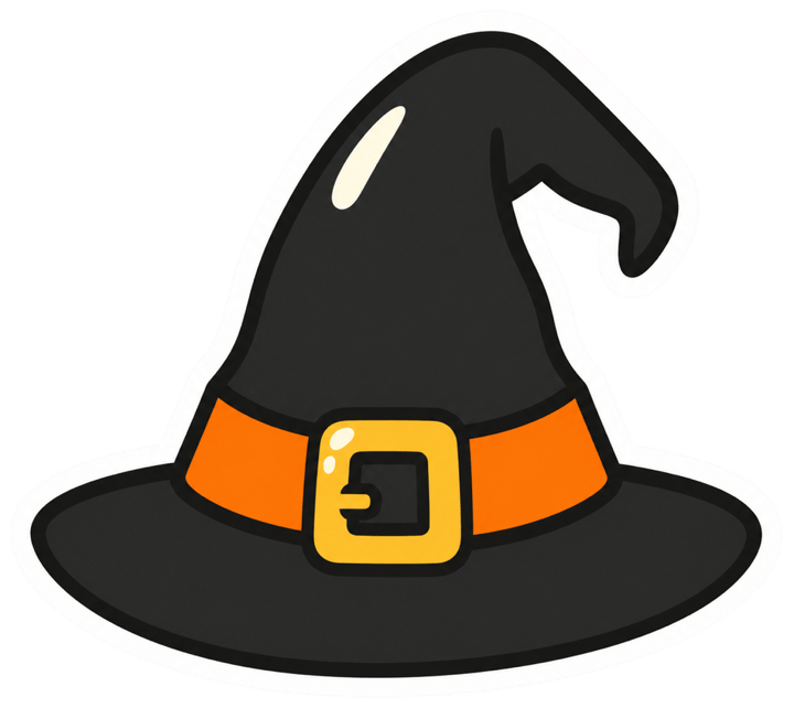Black pointed witch hat sticker with a bent tip, an orange band and a gold buckle, with a thick white die-cut border