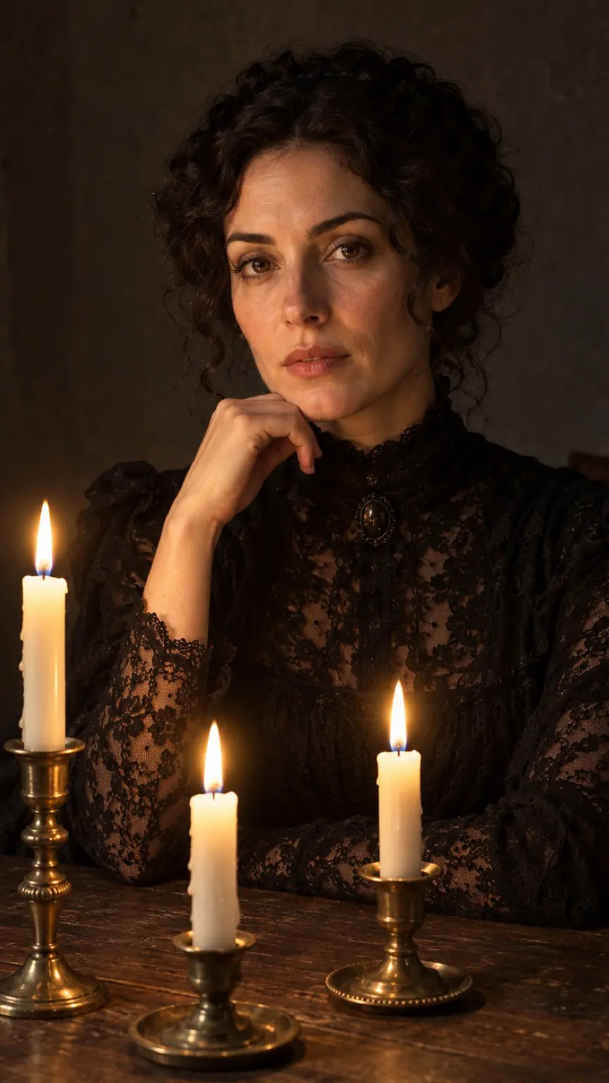 Vertical photo of a woman with dark curly hair in a black lace Victorian dress at a wooden table lit by three white candles