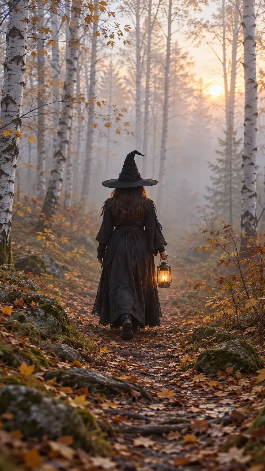 Vertical photo of a witch in a pointed hat and long dark dress walking away down a foggy birch forest path with a lantern