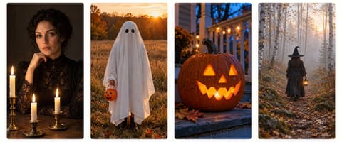 Four vertical Halloween starting frames: a candlelit portrait, a sheet ghost in a field, a glowing jack-o-lantern and a witch walking through fog