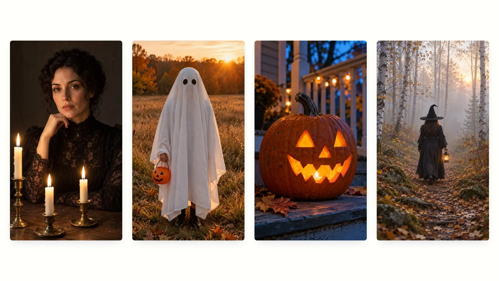 Four vertical Halloween starting frames: a candlelit portrait, a sheet ghost in a field, a glowing jack-o-lantern and a witch walking through fog