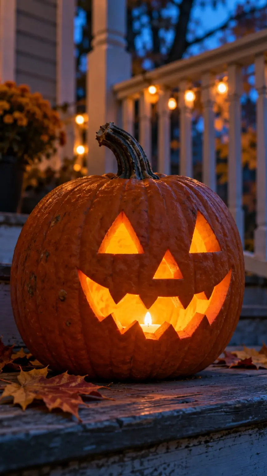 Vertical close-up of a carved jack-o-lantern glowing on a wooden porch step at dusk with string lights behind it
